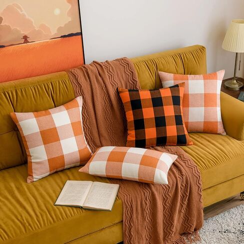 MIULEE Fall Pack of 2 Decorative Classic Farmhouse Buffalo Check Plaids Throw Pillow Covers Polyester Linen Soft Soild Orange Cushion Case for Halloween Sofa Bedroom Outdoor 18 x 18 Inch in Kuwait