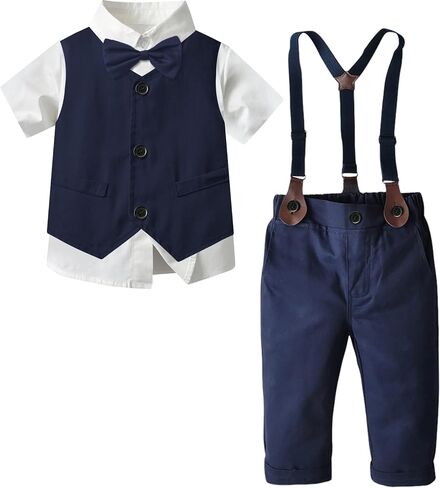SANGTREE Toddler Baby Boy Dress Clothes Long Sleeve Bowtie Shirts Suspenders Pants Gentleman Outfit Suits Kid, Lavender, Tag 110 = 2-3Y in Saudi Arabia