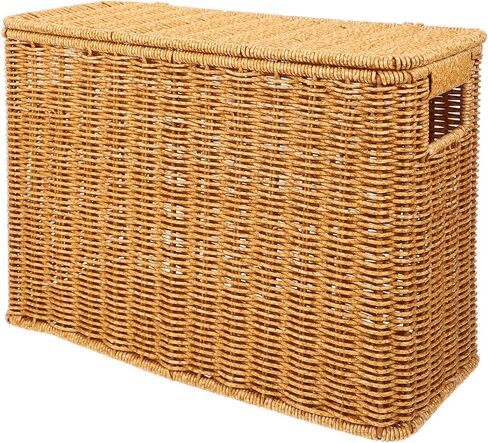 Hemoton Woven Magazine Storage Basket Wicker Magazine Rack With Handle and Lid Magazine File Holder Towel Storage Basket Display Stand for Vinyl Record Album Books Blanket in Saudi Arabia