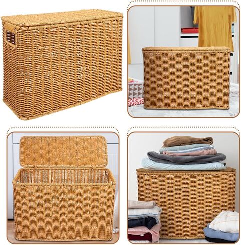 Hemoton Woven Magazine Storage Basket Wicker Magazine Rack With Handle and Lid Magazine File Holder Towel Storage Basket Display Stand for Vinyl Record Album Books Blanket in Saudi Arabia