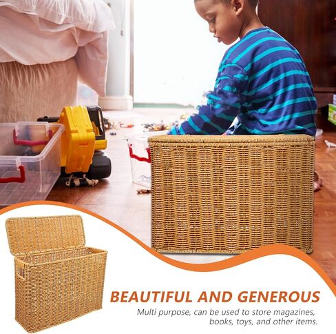 Hemoton Woven Magazine Storage Basket Wicker Magazine Rack With Handle and Lid Magazine File Holder Towel Storage Basket Display Stand for Vinyl Record Album Books Blanket in Saudi Arabia