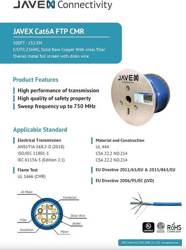 JAVEX CAT 6A Riser CMR Ethernet Cable 500FT Shielded FTP [UL Listed], Blue in Saudi Arabia