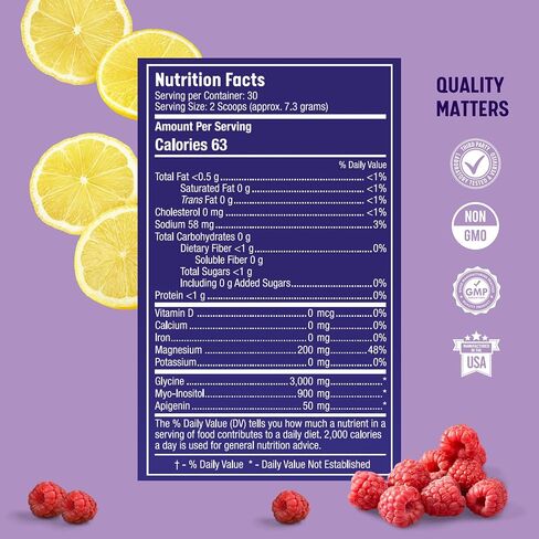 Natural Sleep Support Supplement with Magnesium Glycinate, Myo Inositol, Apigenin & Glycine, Melatonin Free, Sleep Support for Adults, Non GMO, Gluten Free, Vegan, Raspberry Lemon Flavor, 30 Svgs in Saudi Arabia