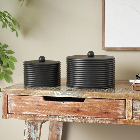 Deco 79 Wooden Large Round Ribbed Storage Box, Set of 3 10", 8"W, Black in Saudi Arabia