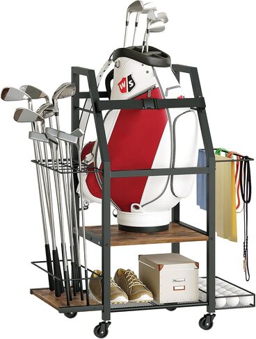 مرآب تخزين حقائب الجولف، منظم حقائب الجولف، حامل تخزين كبير للجولف مع عجلة، مناسب لنوادي الجولف وكرات الجولف وإكسسوارات معدات الجولف، للمرآب والنادي، بني ريفي GB02BR in Kuwait