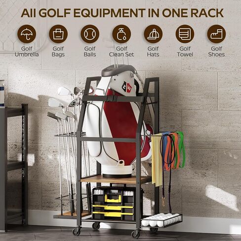 مرآب تخزين حقائب الجولف، منظم حقائب الجولف، حامل تخزين كبير للجولف مع عجلة، مناسب لنوادي الجولف وكرات الجولف وإكسسوارات معدات الجولف، للمرآب والنادي، بني ريفي GB02BR in Kuwait