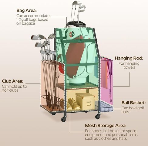 مرآب تخزين حقائب الجولف، منظم حقائب الجولف، حامل تخزين كبير للجولف مع عجلة، مناسب لنوادي الجولف وكرات الجولف وإكسسوارات معدات الجولف، للمرآب والنادي، بني ريفي GB02BR in Kuwait