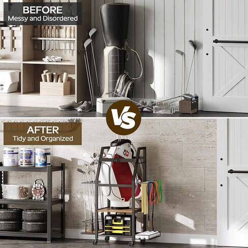 مرآب تخزين حقائب الجولف، منظم حقائب الجولف، حامل تخزين كبير للجولف مع عجلة، مناسب لنوادي الجولف وكرات الجولف وإكسسوارات معدات الجولف، للمرآب والنادي، بني ريفي GB02BR in Kuwait