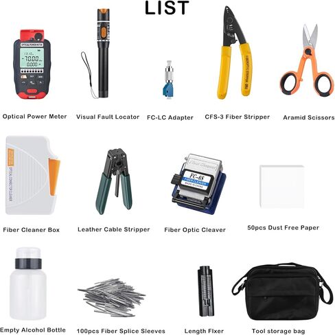 FTTH Fiber Optic Tool Kit 12 in 1 - OPM & VFL & FC-6S Fiber Optical Cleaver & Fiber Cleaner Box & Fiber Cable Strippers & Fiber Splice Sleeves in Kuwait