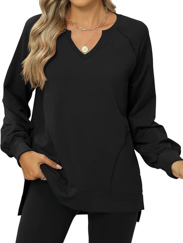 IECCP Womens Sweatshirts Long Sleeve V Neck Pullover Cute Side Slit Tops With Pockets Womens Fall Fashion in Saudi Arabia