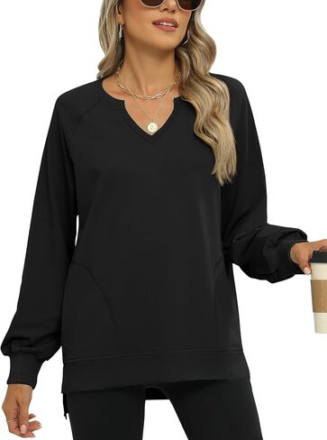 IECCP Womens Sweatshirts Long Sleeve V Neck Pullover Cute Side Slit Tops With Pockets Womens Fall Fashion in Saudi Arabia