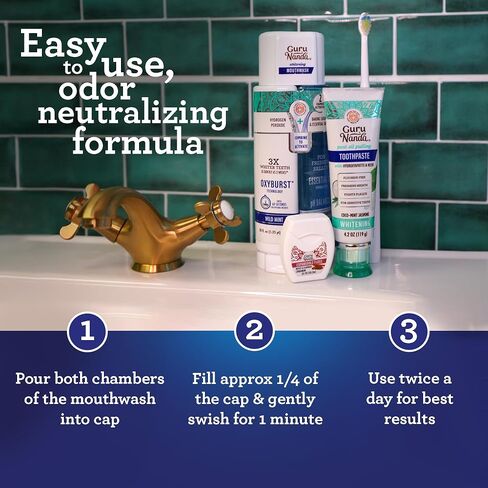 GuruNanda Dual Barrel Oxyburst Whitening Mouthwash with Hydrogen Peroxide, Alcohol & Fluoride Free with Natural Essential Oils (Wild Mint), 3x20 Fl Oz in Saudi Arabia