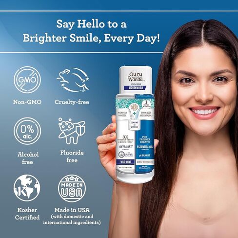 GuruNanda Dual Barrel Oxyburst Whitening Mouthwash with Hydrogen Peroxide, Alcohol & Fluoride Free with Natural Essential Oils (Wild Mint), 3x20 Fl Oz in Saudi Arabia