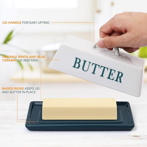 طبق زبدة لوتفانسي مع غطاء، حافظة زبدة سيراميك بمقبض، حامل زبدة مغطى للعداد، آمن للاستخدام في غسالة الأطباق، ديكور المنزل in Kuwait