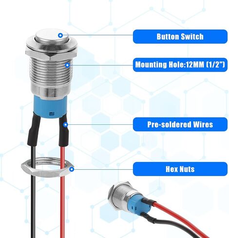 6pcs 12V Round Momentary Push Button Switch with Pre-Wiring 12mm Small Metal Waterproof Pushbutton Switch Silver Normally, 2 Pin Push Start Button for Automotive Car Marine Boat in Saudi Arabia