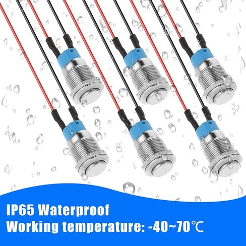 6pcs 12V Round Momentary Push Button Switch with Pre-Wiring 12mm Small Metal Waterproof Pushbutton Switch Silver Normally, 2 Pin Push Start Button for Automotive Car Marine Boat in Saudi Arabia
