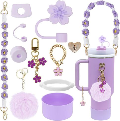MASTRON 11PCS Stanley Cup Accessories - Including Silicone Straw Cover, Handle Strap, Silicone Boot, Spill Stopper, Leak Stopper, Flower Charms for 40/30oz Stanley Tumbler - Purple in Saudi Arabia