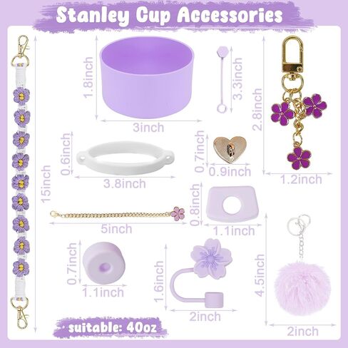 MASTRON 11PCS Stanley Cup Accessories - Including Silicone Straw Cover, Handle Strap, Silicone Boot, Spill Stopper, Leak Stopper, Flower Charms for 40/30oz Stanley Tumbler - Purple in Saudi Arabia