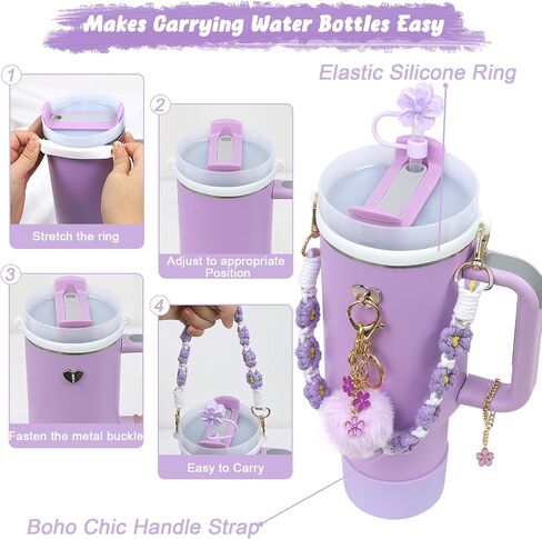MASTRON 11PCS Stanley Cup Accessories - Including Silicone Straw Cover, Handle Strap, Silicone Boot, Spill Stopper, Leak Stopper, Flower Charms for 40/30oz Stanley Tumbler - Purple in Saudi Arabia