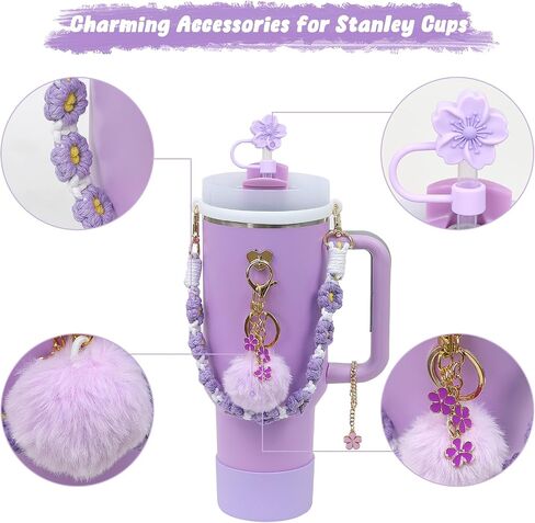 MASTRON 11PCS Stanley Cup Accessories - Including Silicone Straw Cover, Handle Strap, Silicone Boot, Spill Stopper, Leak Stopper, Flower Charms for 40/30oz Stanley Tumbler - Purple in Saudi Arabia