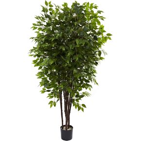 Nearly Natural 6.5FT Artificial Deluxe Ficus Tree for Indoor Home Décor, Large Fake Plant with Black Nursery Planter, Faux Ficus Tree