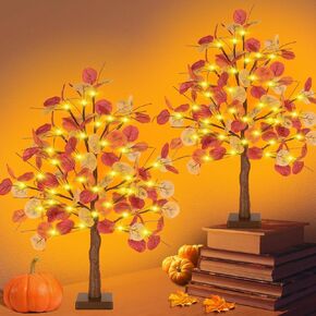 [2 Pack & Timer] 36 LED Lighted Fall Eucalyptus Tree - 24 Inch Thanksgiving Tabletop Decor Tree with 108 Maple Leaves, Timer, Battery Operated 2FT Light Up Fall Artificial Tree for Autumn Decorations