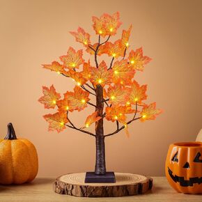 Lighted Maple Tree 28 LED Artificial Fall Tree Light Tabletop Autumn Thanksgiving Decor Battery USB Operated w/Timer for Wedding Party Gifts Indoor Outdoor Home Halloween Harvest Desktop Decoration