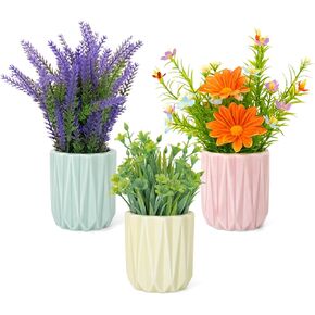 3 Pack Small Fake Plants, Artificial Flowers Fake Potted Plants in Ceramic Pot, Faux Lavender Greenery Decor for Office Desk Bathroom Bedroomm Window Kitchen Indoor Outdoor