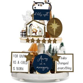 Bucherry 1 Sets Christmas Christian Tiered Tray Decor Christmas Jesus Theme Tray Decor Angel Jesus Star Wooden Decor Wood Angels Mangers Jesus' Birth Decor(Novel)