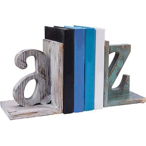 MyGift Vintage Wood Desktop Bookends with Decorative White and Blue Alphabet A and Z Design, Home Office Desk Decor