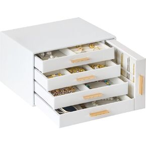 Large Jewelry Organizer Box, Earring Holder Organizer Box with Drawers, Tiered 5 Trays Necklace Holder Organizer, Storage Box for Watches, Bracelets, Stud Earrings Organization White Women Girls Gift