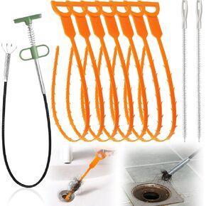 Drain Snake Clog Remover Set with 35.5" Metal Hair Drain Snake (1pc) 25" Plastic Hair Drain Clog Remover Tool(7pcs) 18" Drain Cleaning Brush(2pcs), Drain Hair Removal Tool for Sink, Bathtub, Toilet