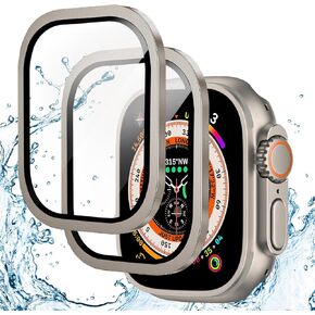Suoman 2-Pack for Apple Watch Ultra 2 49MM Case/Ultra 49MM Case, Waterproof Ultra-Thin Full Coverage Metal Tempered Glass Screen Protector Cover Case for iWatch Series 9 8 Ultra 49MM - Gold