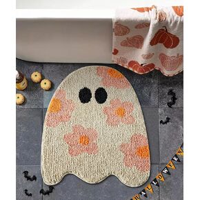Cute Ghost Shaped Halloween Bath Mat Boho Vintage Floral Funky Halloween Bath Mat for Bathroom Aesthetic Decorations, Modern Abstract Cool Gothic Spooky Spirit Bathroom Rugs Non-Slip Washable