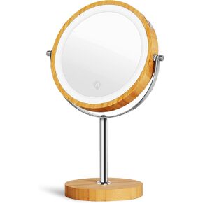 8" Lighted Makeup Mirror with Bamboo Stand, 1X/10X Double Sided Magnifying Mirror with Light, 3 Colors Brightness Adjustable, 360° Cordless Rechargeable Vanity Mirror with Lights, Touch Screen
