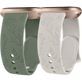 2 Pack Flower Engraved Bands Compatible with Fitbit Versa 4 / Versa 3 Bands Women Men, Fitbit Sense 2 / Sense Bands, Soft Silicone Replacement Bracelet Strap for Fitbit Versa 4/ Sense 2 Smart Watch