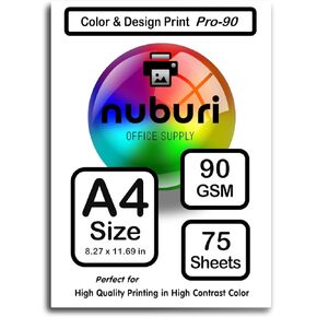 Nuburi - ورق طابعة ممتاز بحجم A4 - طباعة ملونة وتصميم - 90 جرامًا للمتر المربع / 24 رطلاً (100 ورقة)