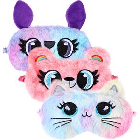 3 Pack Plush Sleep Masks for Kids Women, Cute Animal Sleeping Eye Mask for Sleep Soft Faux Fur Eye Blindfold Night Eyeshade Cover Sleepover Essentials for Girls Party Travel