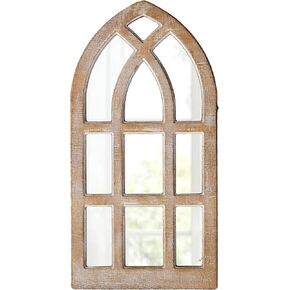 Small Rustic Arched Window Mirrors for Wall Decor Living Room 8 X 16 Inch, Hanging Farmhouse Cathedral Window Pane Mirror for Entryway, Distressed Wooden Frame Mirror Window for Home