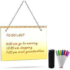 Acrylic Dry Erase White Board 12" x 8" Clear Desktop Whiteboard with Light Up Stand for Desk LED Letter Message Board with 7 Colors Pens