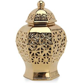 Ceramic Ginger Jar with Lid Decorative Jar Luxurious Ceramic Ginger Jar with Lid Handmade Temple Jar Hand Carved Lattice Vase Gift Jars for Home Office Table Living Room Bedroom Gold