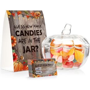 Yungyan 52 Pcs Guess How Many Candies Are in the Jar Bridal Shower Game Decoration Set Includes 1 Standing Sign 50 Pcs Guessing Cards 1 Pumpkin Clear Glass Candy Jar with Lid for Baby Shower Halloween
