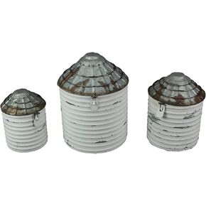 Vintage White Finish Farmhouse Style Galvanized Decorative Tin Silo Canister Set of 3 Western Décor - Rustic Grain Bin Charm for Your Western Home Decor