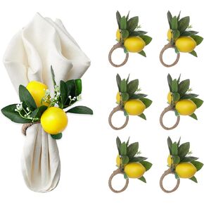 Lemon Napkin Rings Set of 6, Yellow Lemon Fruit Napkin Holder, Spring Summer Faux Lemon Greenery Napkin Holders Napkin Rings for Banquet Dinner Wedding Birthday Table Decor(#5)