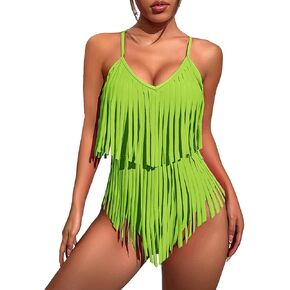 WDIRARA Women's Fringe Trim Swimwear Spaghetti Strap Sleeveless One Piece Swimsuit