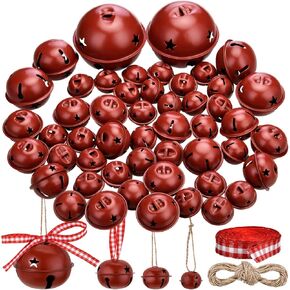 50 Pieces Bell with Star Cutout Metal Sleigh Bell Rustic Christmas Xmas Tree Ornaments Assorted Size with Hanging Ribbon and Rope for Holiday Wreath Garland Craft Decorations (Silver Bells)