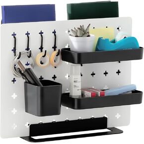 Keepo Desk Organization Hub, Desk Pegboard Set, Wooden Board, 11 Peg board Accessories for Office Supplies, School Supplies, File Organizer, Desk Decor 16" x 12", Office Organizers (White Accessories)
