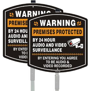 2 Pack Warning Premises Protected By 24 Hour Audio and Video Surveillance Sign with 35 Inches tall Stake, 12" x 12" aluminum No Trespassing sign for House Lawn Business.