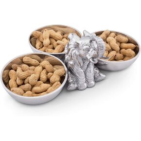 Arthur Court Designs Aluminum Metal Sitting Elephant Three-Bowl Nut Candy Snack Bowl Dish 12.5 inch Long x 5 inch Tall