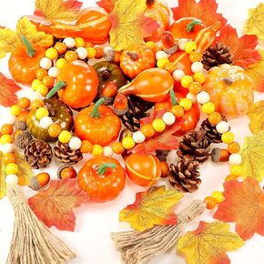 Jutom 148 PCS Thanksgiving Artificial Pumpkins Set, 16 Fake Pumpkins, 11 Pinecones, 20 Acorns, 100 Fake Maple Leaves, 1 Tassels Wood Beads Fall Wedding Tables Centerpieces Halloween Home Decoration